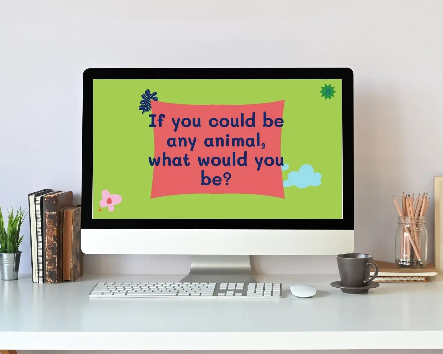 "If you could be any animal, what would you be" virtual kids' conversation card game question is shown on a computer
