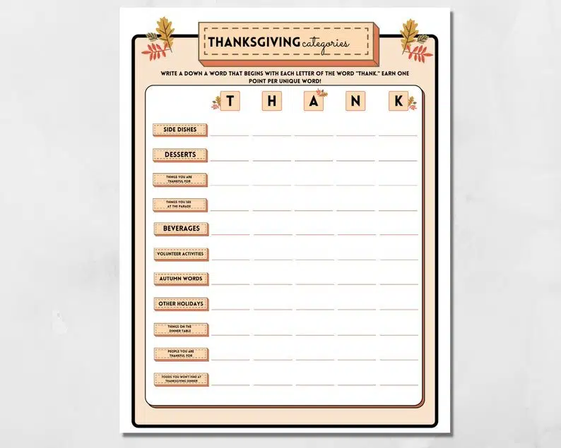 Thanksgiving Categories
