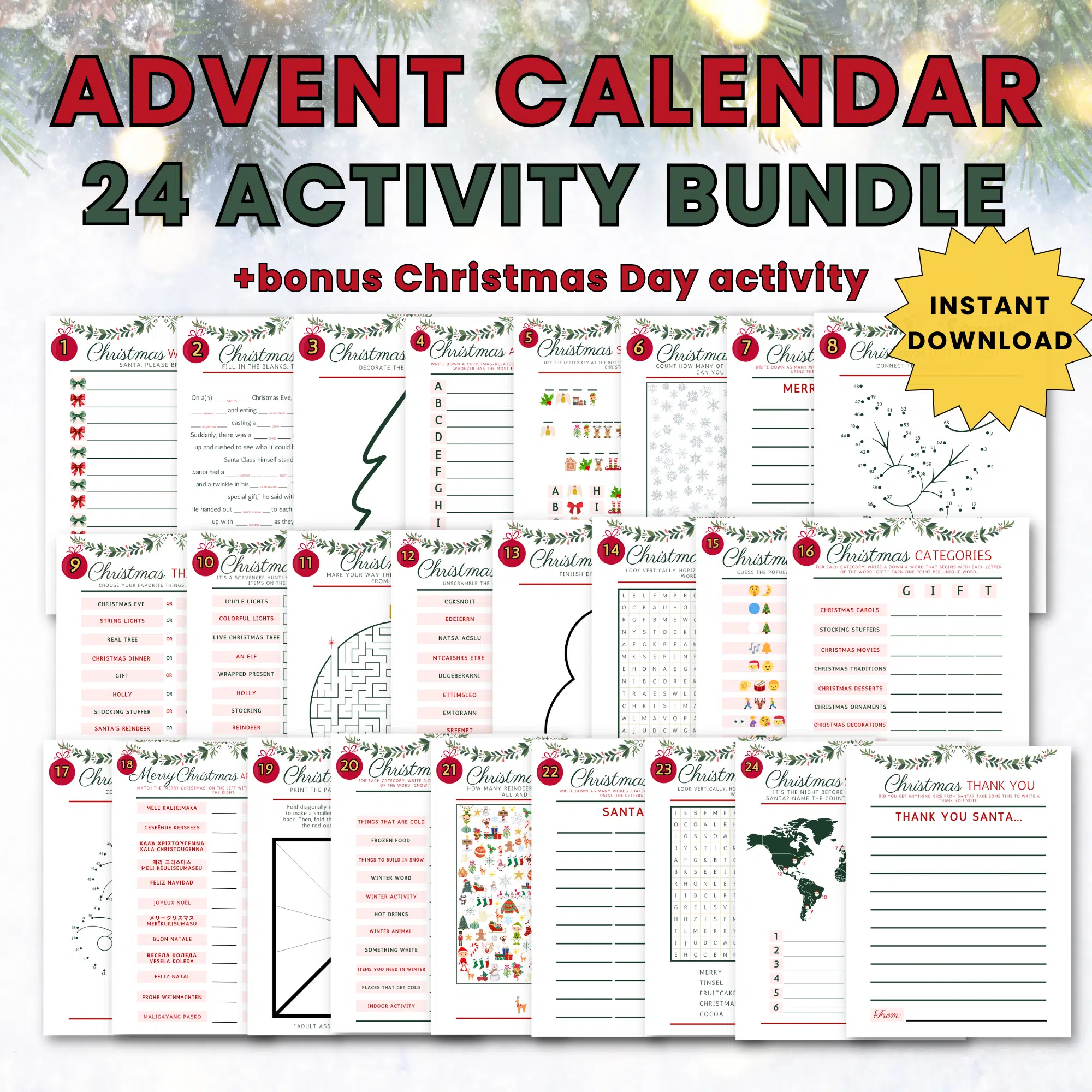 Advent Calendar 24 Activity Bundle +bonus Christmas Day activity - Instant Download