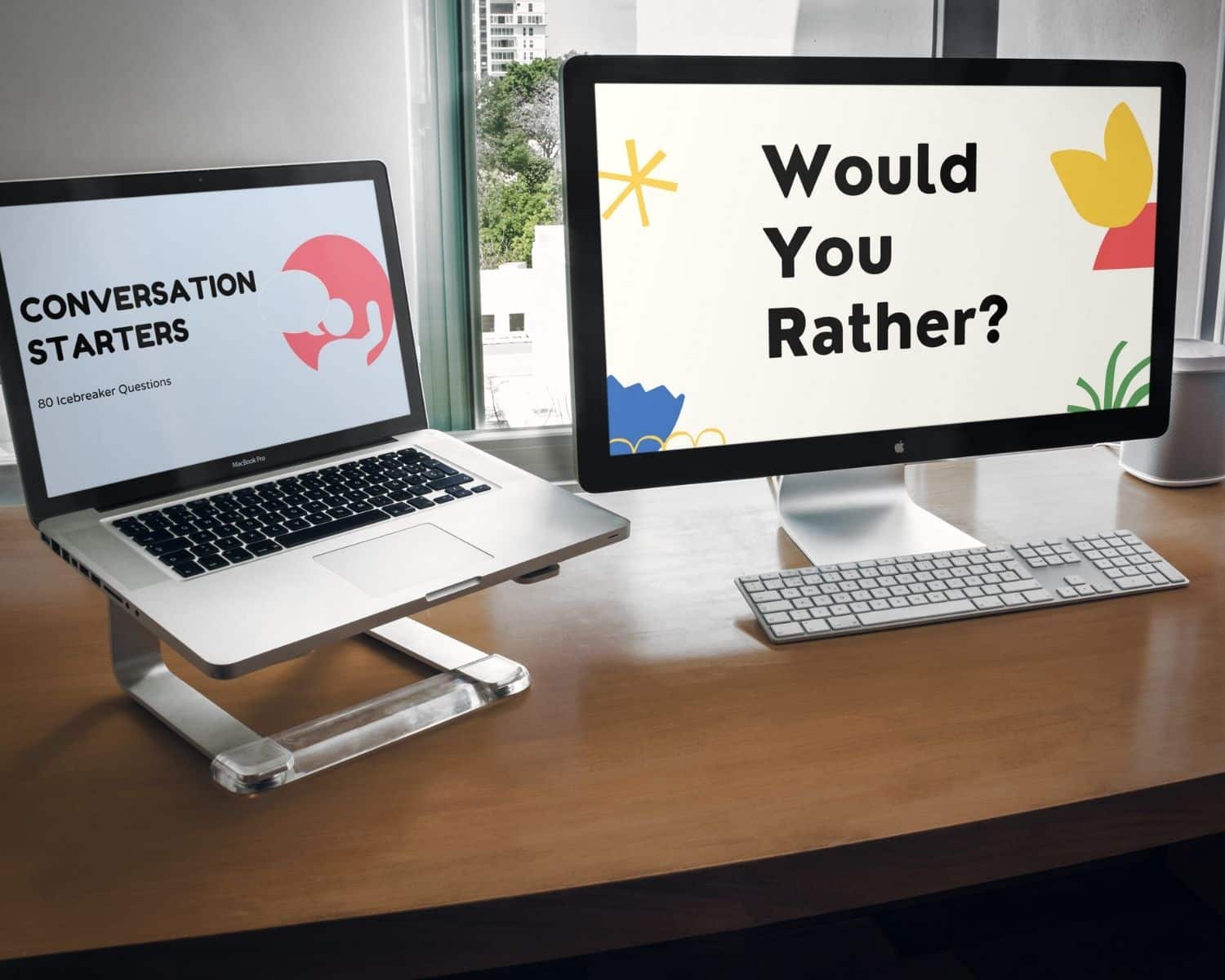 Would You Rather and Conversation Starters Virtual Games are shown on two computers next to ach other